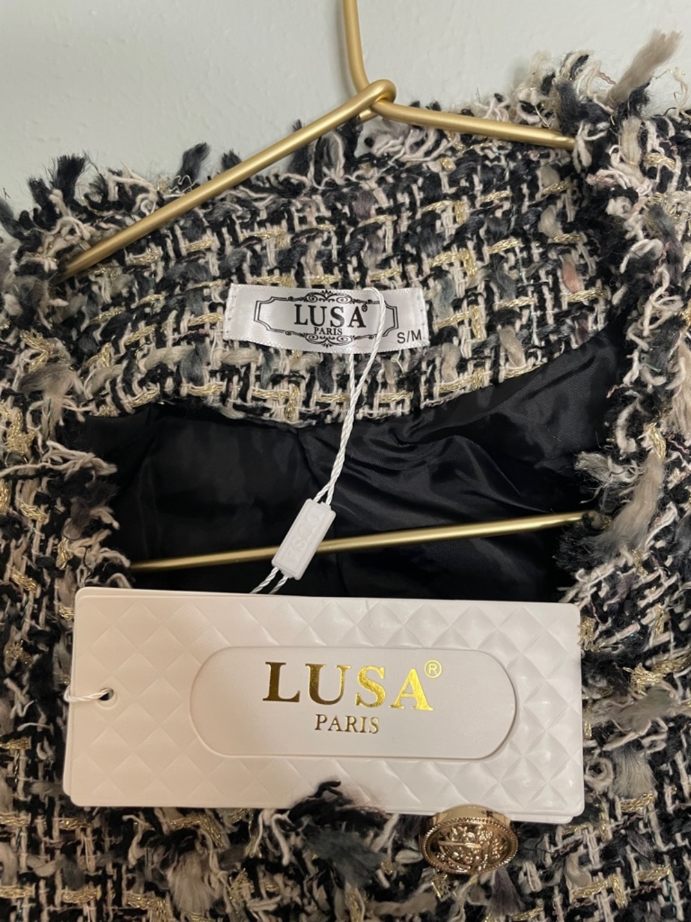 Women's LUSA Paris Black/Cream/Gold Tweed Frayed Edge Cropped Blazer - size S/M - Picture 2 of 12